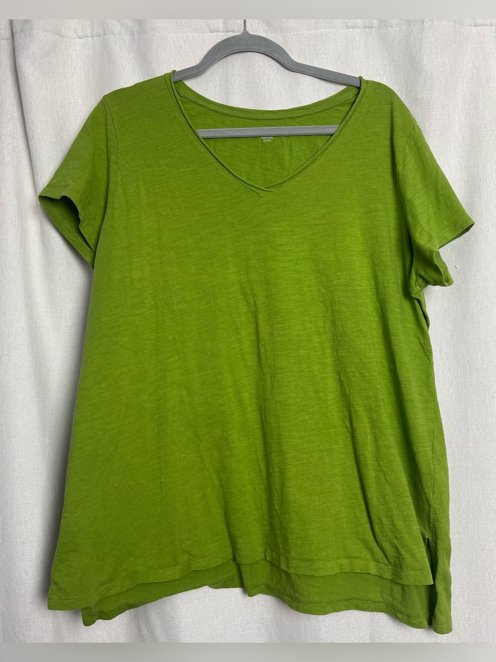 Eileen Fisher Lime Green V Neck Top XL Organic Cotton Short Sleeve Shirt Minimal
